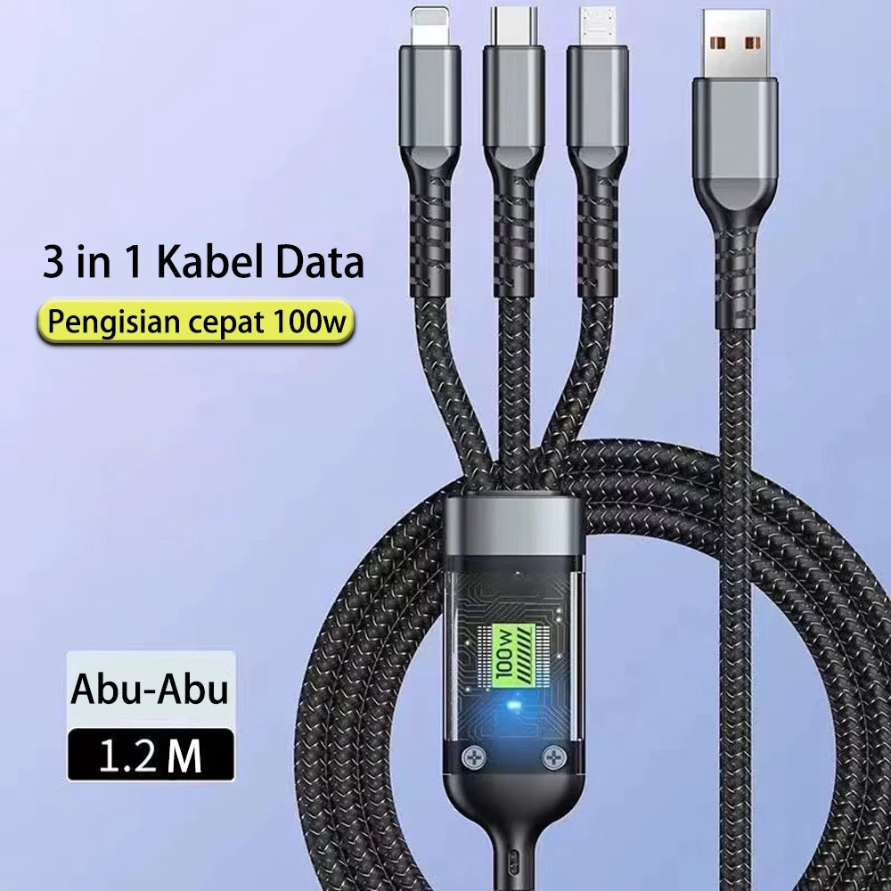 Kabel Data 3 in 1 Fast Charging 100W USB to Micro USB Type-C & Lightning Universal